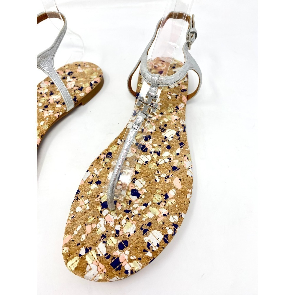 Tory Burch Silver Metallic Leather Cork Splatter Logo Thong Sandals Womens 7.5